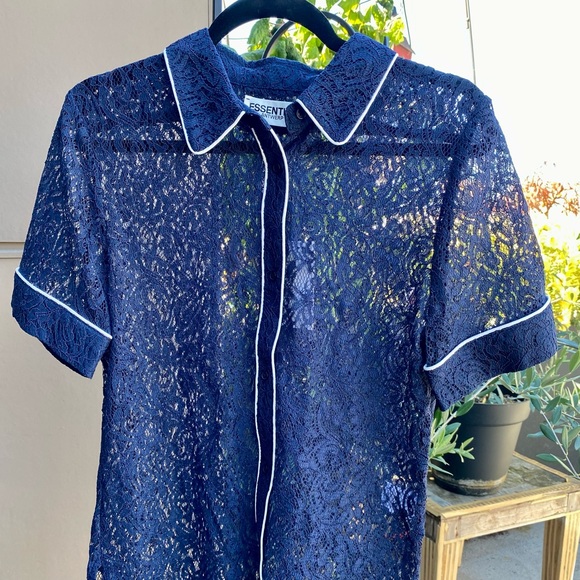 Essentiel Antwerp Ink Blue Lace Shirt Size 38 with White Piping NWT - Picture 4 of 6